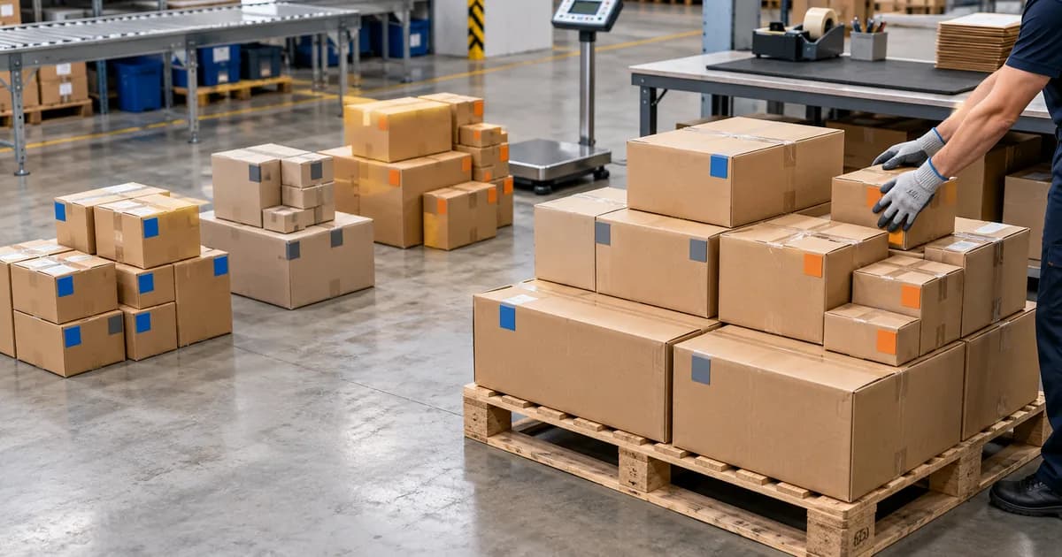 AI-generated illustration of grouping supplier cartons on a shipping pallet