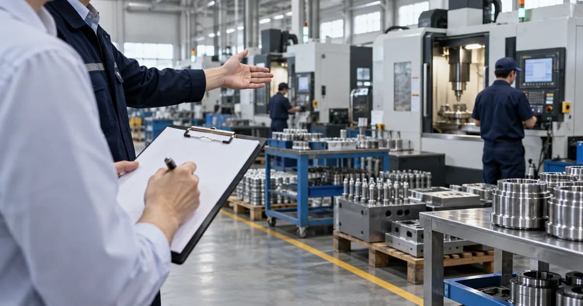 AI-generated illustration of reviewing a supplier production site with CNC machinery